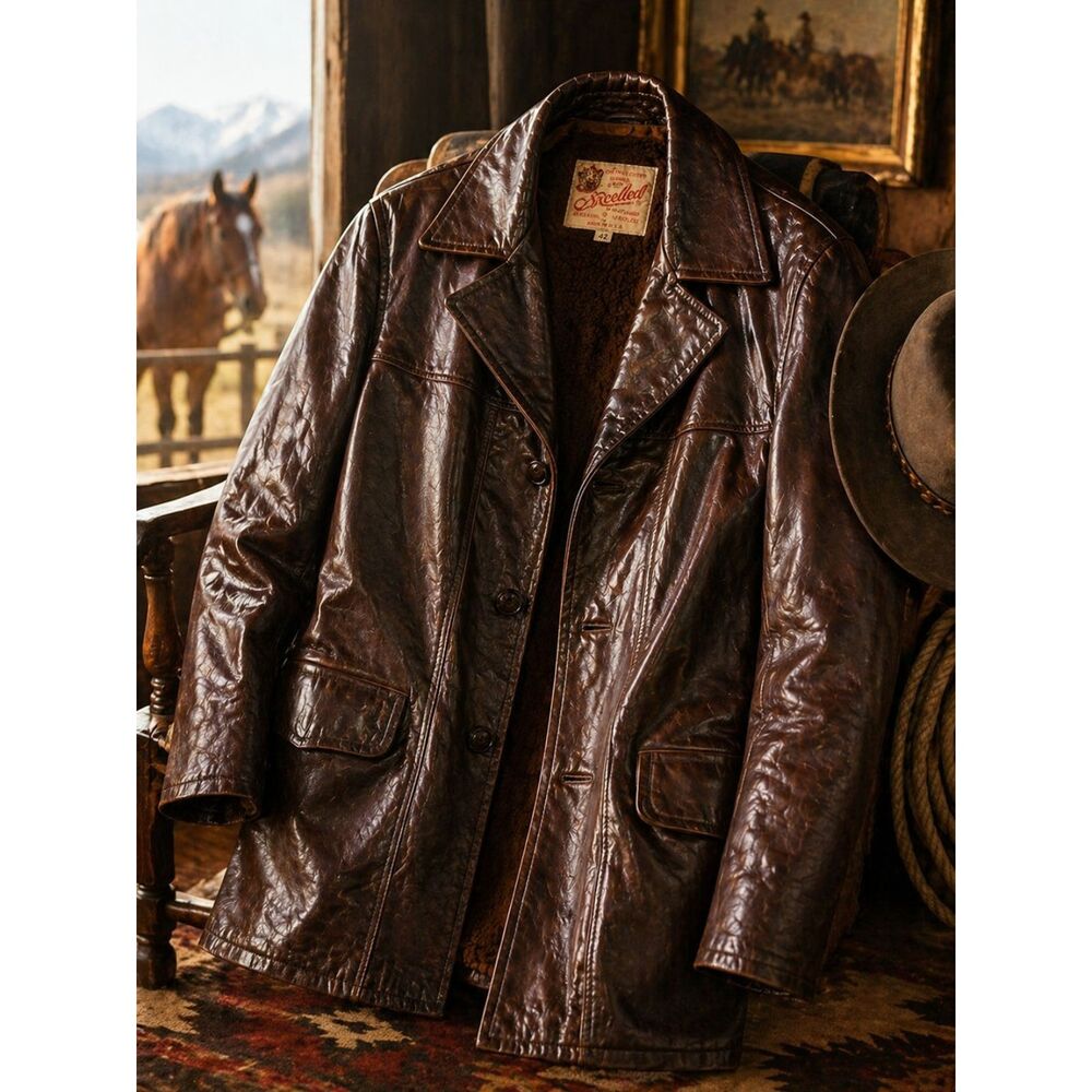 True vintage Leather Ranch Coat Sherpa Lined Western Car Coat Brown 70s USA - Picture 2 of 8